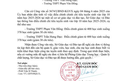 Thông báo số 1066/SGDĐT-GDTrHQLCL ngày 05/6/2025 của Sở Giáo dục và Đào tạo tỉnh Đắk Nông về việc điều chỉnh chỉ tiêu tuyển sinh vào lớp 10 năm học 2025 -2026